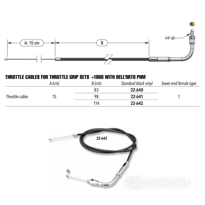 Cable acelerador »Standard«; para mandos →1980 con carb. Dell'Orto PHM; acero, vinilo negro; ángulo de la conexión: 90°; conector superior: 1/4