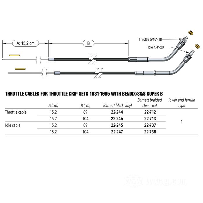 Cavo apertura di Barnett; per set comandi acc. 1981-95 con carb. Bendix/S&S Super B; acciaio, vinile nero; angolazione raccordo: 130°; connettore superiore: 5/16