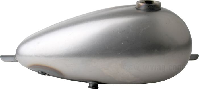 Gas tank »Mustang«; steel, bare, 3/8” petcock thread on right tank side; volume: 12.5 l; required gas cap: cam-style 1955-1982 / 1 x vented; required petcock: 3/8” NPT or 2 x 1/4” NPT; required petcock: 3/8” NPT; required petcock: 3/8” NPT; gross weight: 3.7 kg