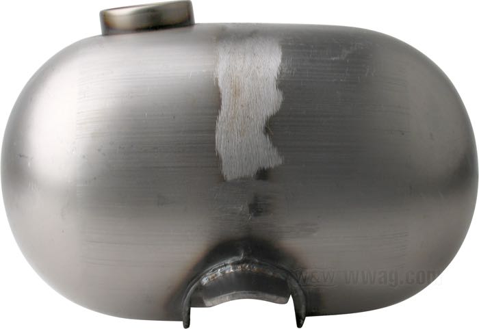 Gas tank »Mustang«; steel, bare, 3/8” petcock thread on right tank side; volume: 12.5 l; required gas cap: cam-style 1955-1982 / 1 x vented; required petcock: 3/8” NPT or 2 x 1/4” NPT; required petcock: 3/8” NPT; required petcock: 3/8” NPT; gross weight: 3.7 kg