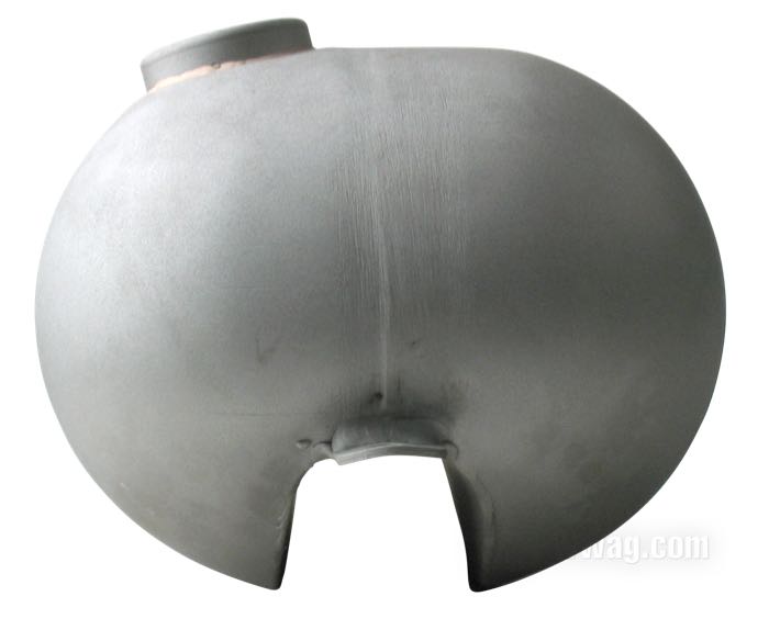 Benzintank »Teardrop Low Tunnel« von Paughco; Stahl, blank; Volumen: 8.4 l; erforderliche(r) Tankdeckel: Bajonettverschluss 1955-1982; erforderlicher Benzinhahn: 2 x 1/4” NPT; USA; Bruttogewicht: 3.5 kg