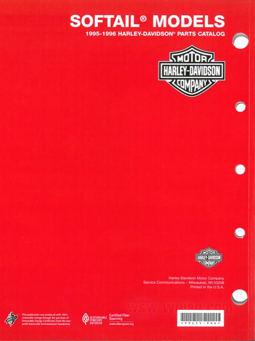 Catalogue de pièces détachées; adaptable à Softail 1995-1996; papier; reliure souple; 210 pages; anglais; remplace OEM HD 99455-96A; USA; poids brut: 516 g