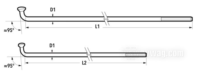 Set di raggi; atto per modelli 45”/750 cc 1929-1952 (ecc. Servi-car 1941→); acciaio inox, lucidato; lunghezza L1: 209; lunghezza L2: 149; angolo α: 95 °; filettatura: 9G-40; per semitamburo con mozzo anteriore 750 cc; per cerchi a canale semi-profondo 18