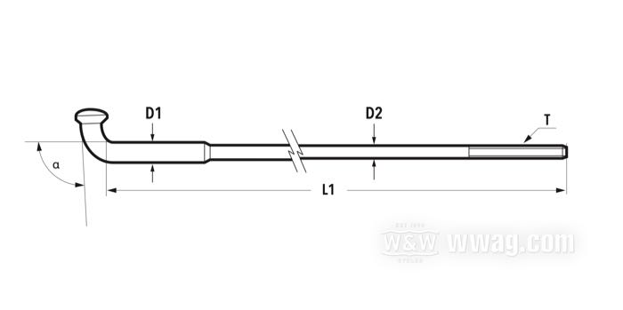 Spoke set; steel, chrome-plated; length L1: 161 mm; diameter D1: 5 mm; diameter D2: 4 mm; head angle α: 104 °; thread: 8G-32; for wide wheel hub; for 15