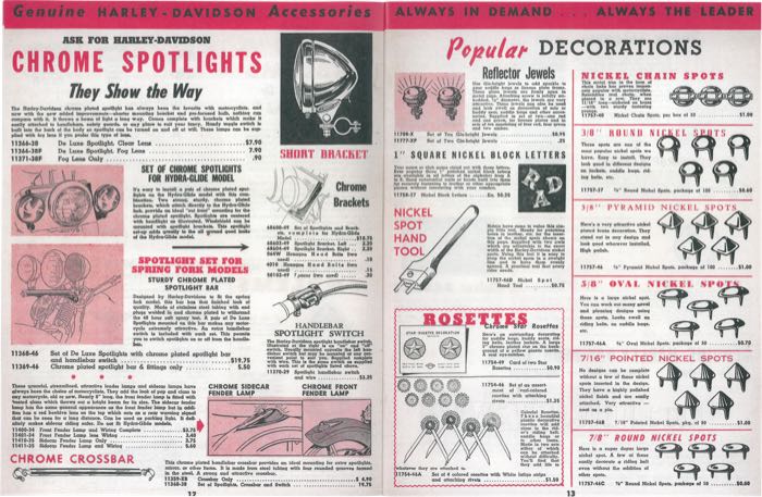 Catalogue »Classic H-D Motorcycle Accessories 1950«; papier; largeur x hauteur: 20.5 x 27 cm; coloré + noir et blanc; 34 pages; poids brut: 87 g