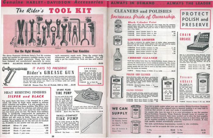 Catalogue »Classic H-D Motorcycle Accessories 1950«; papier; largeur x hauteur: 20.5 x 27 cm; coloré + noir et blanc; 34 pages; poids brut: 87 g