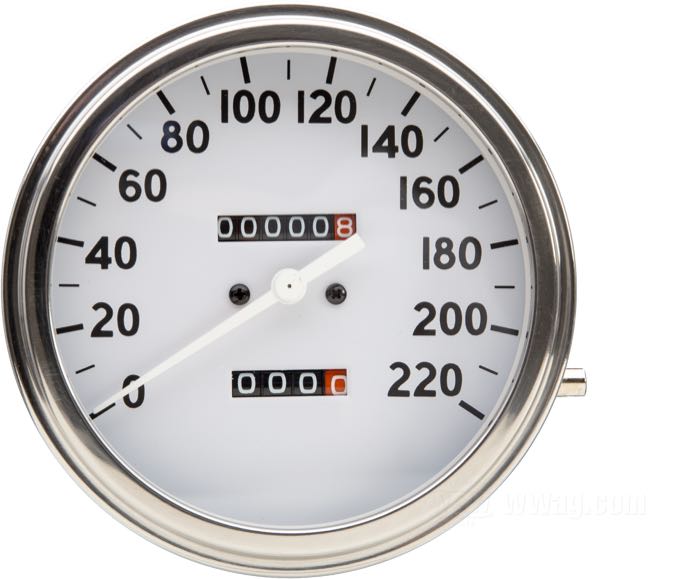 Cuentakilómetros mecánico »1936-1940 Style«; Ø 4-1/4”; rosca: 5/8”-18; Esfera: blanco; transmisión: 700 rpm = 60 km/h; →220 km/h; peso bruto: 476 g