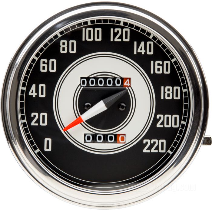 Mechanischer Tachometer »1941-1946 Style«; Ø 4-1/4”; Gewinde: 5/8”-18; Zifferblatt: schwarz / silber; Übersetzung: 700 U/min = 60 km/h; →220 km/h; Nadelfarbe A: rot / weiß / schwarz; Bruttogewicht: 473 g