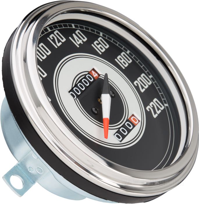 Mechanischer Tachometer »1941-1946 Style«; Ø 4-1/4”; Gewinde: 5/8”-18; Zifferblatt: schwarz / silber; Übersetzung: 700 U/min = 60 km/h; →220 km/h; Nadelfarbe A: rot / weiß / schwarz; Bruttogewicht: 473 g