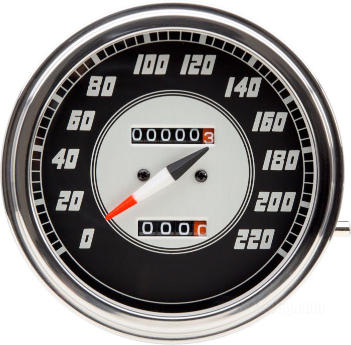 Compteur mécanique »1947«; Ø 4-1/4”; filetage: 5/8”-18; fond: noir / argenté; rapport: 700 tours = 60 km/h; →220 km/h; Nadelfarbe A: rouge / blanc / noir; poids brut: 471 g