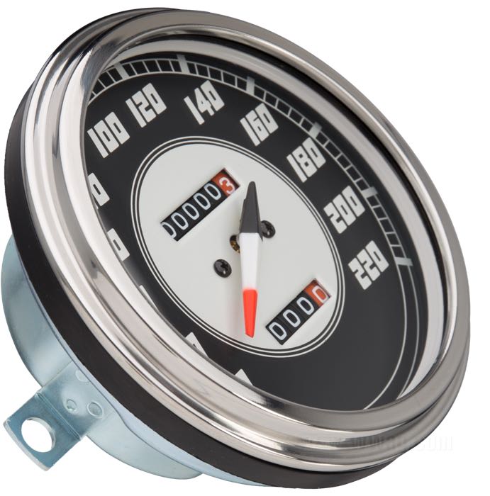 Compteur mécanique »1947«; Ø 4-1/4”; filetage: 5/8”-18; fond: noir / argenté; rapport: 700 tours = 60 km/h; →220 km/h; Nadelfarbe A: rouge / blanc / noir; poids brut: 471 g