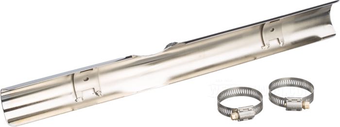 Heat shield; for Paughco 2-1 Header Pipes; fits FXWG/FXST Evolution 1985-1999; lower, with notch; steel, chrome-plated, plain; length: 455 mm; with clamps; gross weight: 364 g