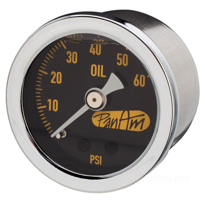 Jauge de pression d’huile de PanAm; acier / verre acrylique, chromé, 0-60 psi; Ø 40 mm; fond: noir; filetage: 1/8”-27 NPT; poids brut: 97 g