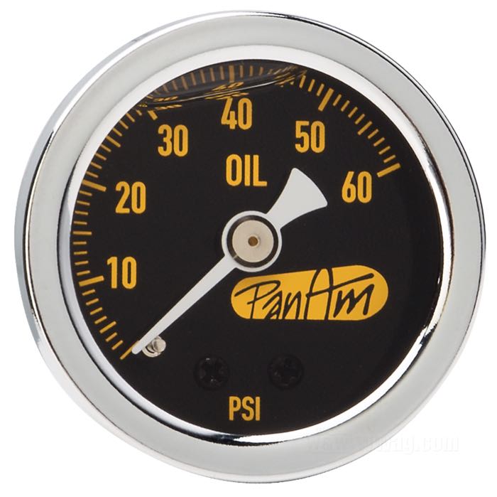 Jauge de pression d’huile de PanAm; acier / verre acrylique, chromé, 0-60 psi; Ø 40 mm; fond: noir; filetage: 1/8”-27 NPT; poids brut: 97 g