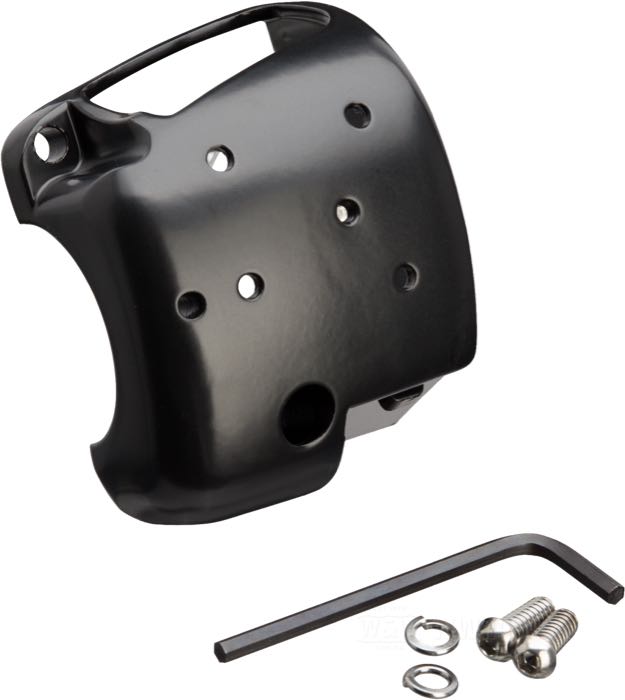 Switch housing; fits Dyna 1996-2006, Softail 1996-2006, Sportster 1996-2006, V-Rod 2002-2007, Touring 1996-2006 (without Audio/Cruise Control); bottom left; cast aluminum, matte black; gross weight: 110 g