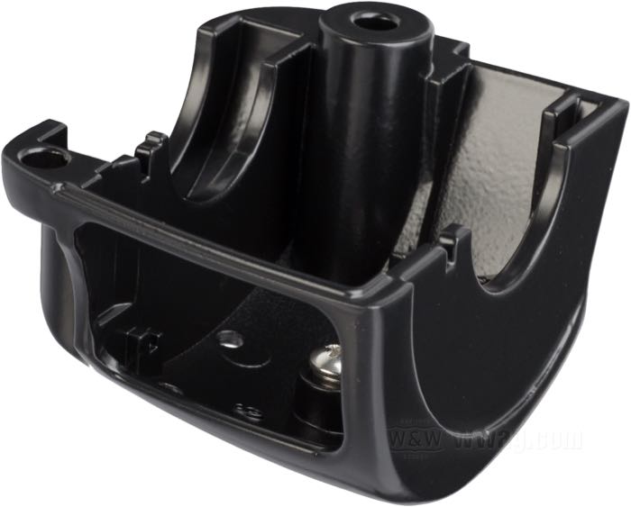 Switch housing; fits Dyna 1996-2006, Softail 1996-2006, Sportster 1996-2006, V-Rod 2002-2007, Touring 1996-2006 (without Audio/Cruise Control); bottom left; cast aluminum, matte black; gross weight: 110 g