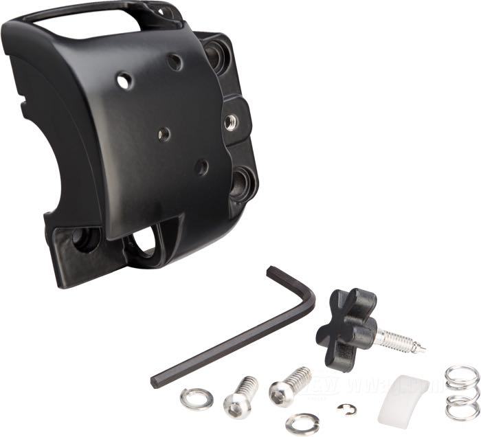 Switch housing; fits Dyna 1996-2006, Softail 1996-2006, Sportster 1996-2006, V-Rod 2002-2007, Touring 1996-2006 (without Audio/Cruise Control); bottom right; cast aluminum, matte black; gross weight: 98 g