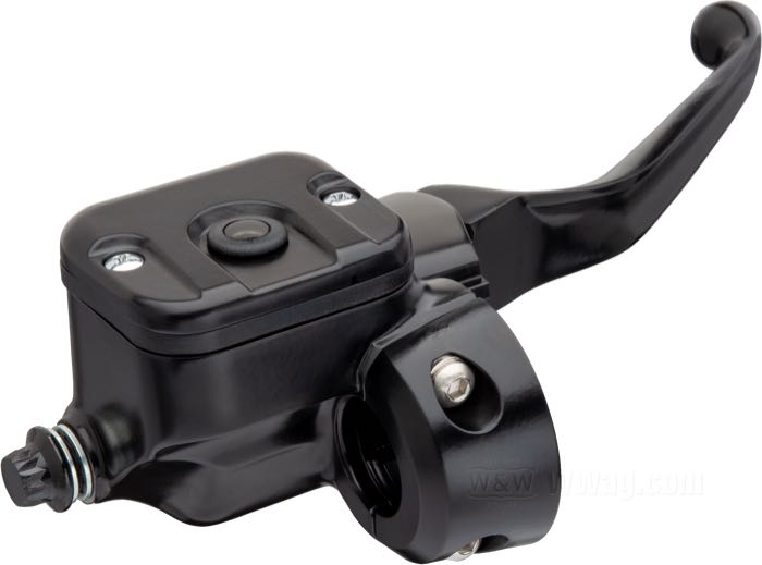 Hand brake master cylinder; for dual disc; fits Touring 1996-2004, FXDL and FXDS 1996-2001, FXDX(T) 1999-2005, Sportster 1200S 1996-2003, Sportster 883 R 2002-2003, V-Rod 2002-2007; cast aluminum, matte black; piston Ø: 11/16” (17.5 mm); required brake fluid: DOT 5; replaces OEM HD 45013-96; gross weight: 820 g