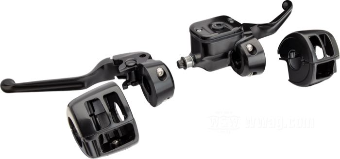 Handlebar controls; for dual disc; fits Touring 1996-2004, FXDL and FXDS 1996-2001, FXDX(T) 1999-2005, Sportster 1200S 1996-2003, Sportster 883 R 2002-2003; cast aluminum, matte black; piston Ø: 11/16” (17.5 mm); required brake fluid: DOT 5; gross weight: 1.82 kg