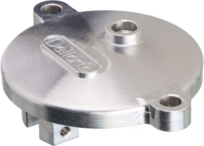 Coperchio superiore; per carburatori Dell’Orto; alluminio billet, finitura a macchina; peso lordo: 35 g