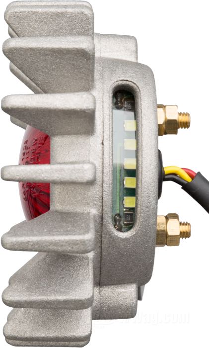 Taillight »Big Fin« by Motone; cast aluminum, bead blasted; depth: 39 mm; Ø 92 mm; bulb type: LED; thread: #10-32; 12 V; with LED; with stop light; with aluminum housing; with license illumination; mounting surface: flat; with four nuts; E4 approved; gross weight: 221 g