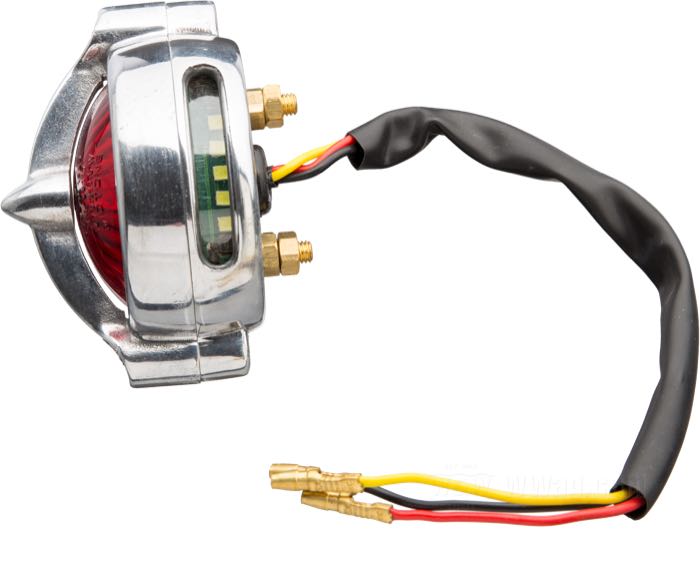 Taillight »Bel Air« by Motone; cast aluminum, polished; depth: 51 mm; Ø 62 mm; bulb type: LED; thread: #10-32; 12 V; with LED; with stop light; with aluminum housing; with license illumination; mounting surface: flat; with four nuts; E4 approved; gross weight: 167 g