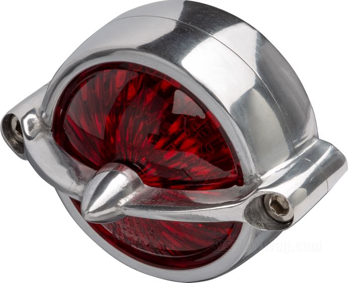 Taillight »Bel Air« by Motone; cast aluminum, polished; depth: 51 mm; Ø 62 mm; bulb type: LED; thread: #10-32; 12 V; with LED; with stop light; with aluminum housing; with license illumination; mounting surface: flat; with four nuts; E4 approved; gross weight: 167 g