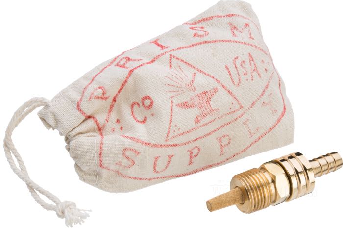Benzinhahn von Prism Supply Co.; Messing, poliert, keine Reserve; Länge: 30 mm; Ø 18 mm; Auslass-Stellung: gerade; Gewinde: 3/8”-18 NPT; USA; Bruttogewicht: 55 g