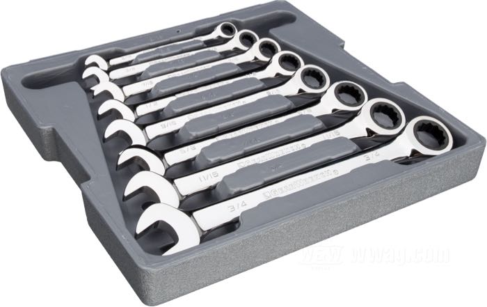 Combination ratcheting wrench set by GearWrench; steel, Sizes: 5/16”, 3/8”, 7/16”, 1/2”, 9/16”, 5/8”, 11/16”, 3/4”; length: 250 mm; SAE; Taiwan; gross weight: 1.24 kg