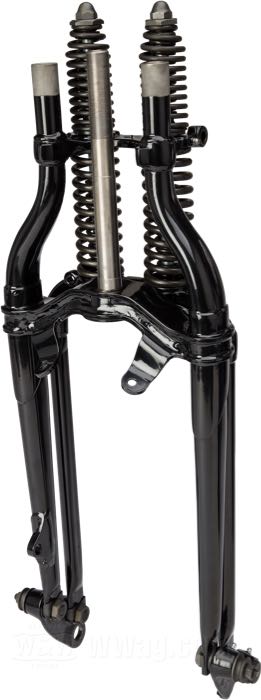 Horquilla Springer »Classic Inline« de Samwel Supplies; apropiado para Servi-car 1941-1958, WLC 1941-1943; acero, negro, rosca interior de la pipa de dirección: 5/8”-14 UNS, rosca exterior de la pipa de dirección: 7/8”-24 UNS, resortes negros; largo: 48.5 cm; rake: 0 °; sobra/acortamiento: original; reemplaza OEM HD 45518-41; Europa; peso bruto: 14.2 kg
