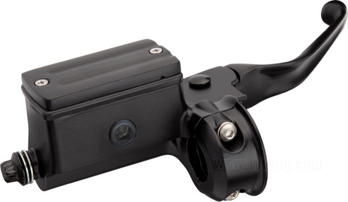 Maître-cylindre frein à main; adaptable à FX, FXR, FXLR, Sportster, Dyna et Softail 1984-1995; alu coulé, noir mat; Ø piston hydraulique: 9/16” (14.3 mm); liquide de frein obligatoire: DOT 5; poids brut: 848 g