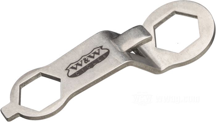 Flaschenöffner-Schraubenschlüssel von W&W Cycles; Edelstahl, blank, 7/16” x 1/2”; Länge: 66 mm; Bruttogewicht: 14 g