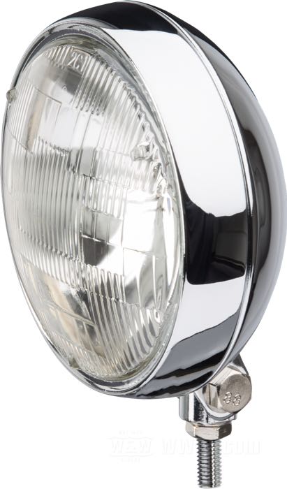 Scheinwerfer komplett »Detroit«; Stahl, verchromt; Tiefe: 100 mm; Ø 153 mm; für Scheinwerfereinsatz (Ø): 5-3/4”; Glühlampen-Typ: Sealed Beam; Linse: klar; 12 V; 37.5/60 W; mit Lampeneinsatz; mit Montageblock; Bruttogewicht: 928 g