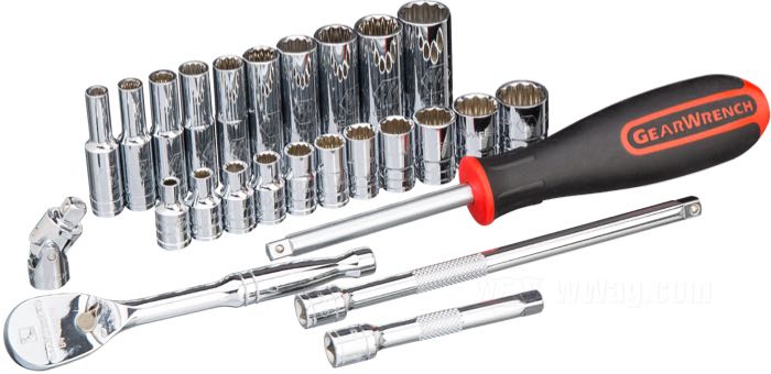 Juego de vasos de GearWrench; acero, cromado; en pulgadas (SAE); de 26 piezas; unión: 1/4”; 12 aristas; Taiwán; peso bruto: 1.34 kg