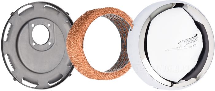 Air cleaner »Bird Style«; for Backing plate; for Linkert Carburetor; fits all twins 1941-1965 / Flathead; with Bird-Logo; steel, chrome-plated, parkerized backing plate; Ø 7”; position: left; with metal mesh filter insert and backing plate; gross weight: 820 g