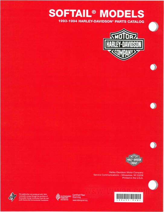 Catalogue de pièces détachées; adaptable à Softail 1993-1994; papier; reliure souple; 178 pages; anglais; remplace OEM HD 99455-94B; USA; poids brut: 444 g