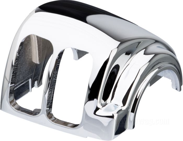 Switch housing »OEM Style«; fits Dyna 1996-2006, Softail 1996-2006, Sportster 1996-2006, V-Rod 2002-2007, Touring 1996-2006 (without Audio/Cruise Control); top right; cast aluminum, chrome-plated; gross weight: 88 g