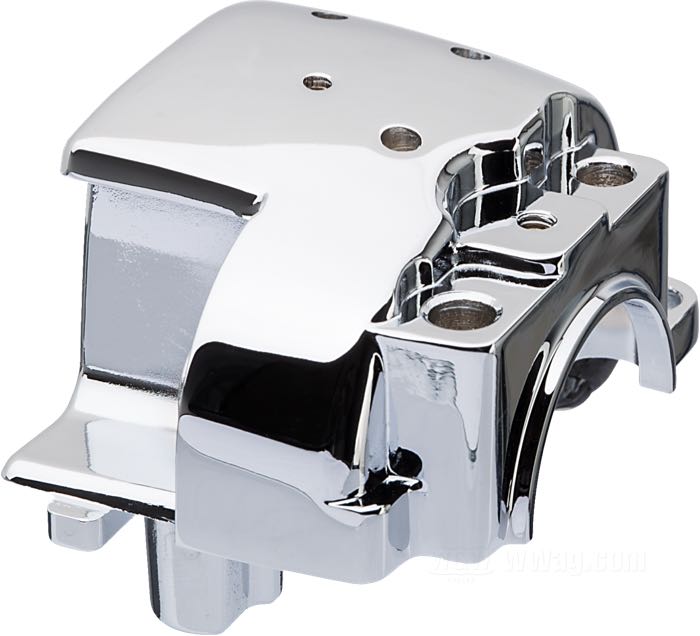 Switch housing »OEM Style«; fits Dyna 1996-2006, Softail 1996-2006, Sportster 1996-2006, V-Rod 2002-2007, Touring 1996-2006 (without Audio/Cruise Control); bottom right; cast aluminum, chrome-plated; gross weight: 96 g