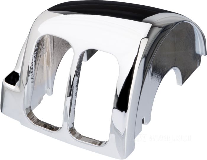Switch housing »OEM Style«; fits Dyna 1996-2006, Softail 1996-2006, Sportster 1996-2006, V-Rod 2002-2007, Touring 1996-2006 (without Audio/Cruise Control); top left; cast aluminum, chrome-plated; gross weight: 95 g
