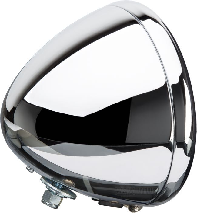Headlight complete; fits models 1935-1957 with Springer fork; steel, chrome-plated; length: 135 mm; Ø 178 mm; for headlight insert (Ø): 6-1/2”; bulb type: special dual fil.; 6 V; 35/35 W; socket: P30D/2517; pre-focus; with 6 V bulb; with insert; without position light function; replaces OEM HD 67702-35; gross weight: 1.12 kg