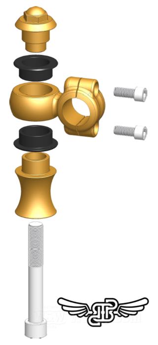 Riser »Vintage Style« von DBBP; Bronze, gebürstet; Gewinde: 1/2”-13; für Lenker-Ø: 1 ”; Maße gemäß Zeichnung: H-Anbauhöhe = 50 mm, T-Gesamthöhe = 82 mm, P-Kröpfung nach hinten = 52 mm; mit Riserschrauben; Bruttogewicht: 1.6 kg