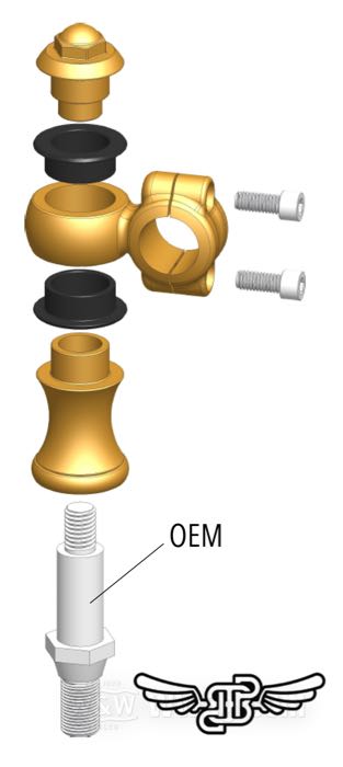 Riser »Vintage Style« von DBBP; passend für Softail FXSTS; Bronze, gebürstet; Gewinde: 1/2”-13; für Lenker-Ø: 1 ”; Maße gemäß Zeichnung: H-Anbauhöhe = 58 mm, T-Gesamthöhe = 90 mm, P-Kröpfung nach hinten = 40 mm; Bruttogewicht: 1.46 kg