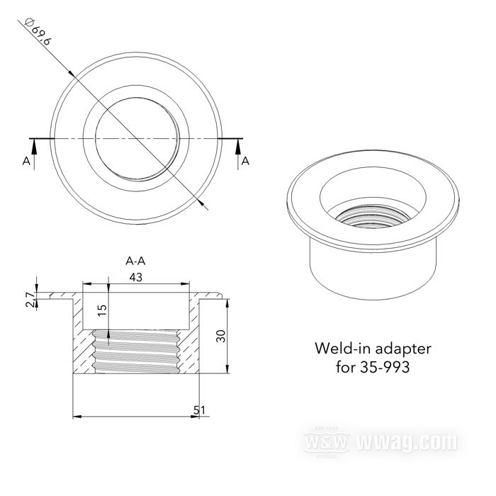 Bouchon de réservoir »Mini Pop-up« de Tolle; à souder; aéré, bouchon en aluminium poli, adaptateur à souder en aluminium; diam. extér. du flanc: 69.6 mm; bouchon diam. extér.: 42 mm; poids brut: 130 g