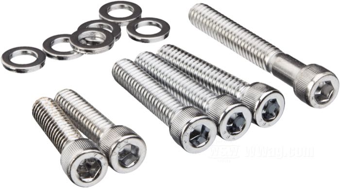 Bolt/screw kit by Colony; for Gear cover; fits Big Twin 1970-1992; steel, chrome-plated; socket head; replaces OEM HD 1305, 1301, and 1308; USA; gross weight: 70 g