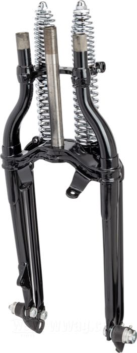 Springer Gabel »Classic Inline« von Samwel Supplies; passend für Knucklehead 1936, Big Twin 1937-early 1946; Stahl, schwarz, kunststoffbeschichtet, Innengewinde Steuerkopf: 3/4”-14 UNS, Außengewinde Steuerkopf: 1”-24 UNS, verchromte Federn; Länge: 48.5 cm; Rake: 0 °; Über-/Unterlänge: Serie; ersetzt OEM HD 2601-36 und 45515-36; mit Prüfbericht; Europa; Bruttogewicht: 20.12 kg