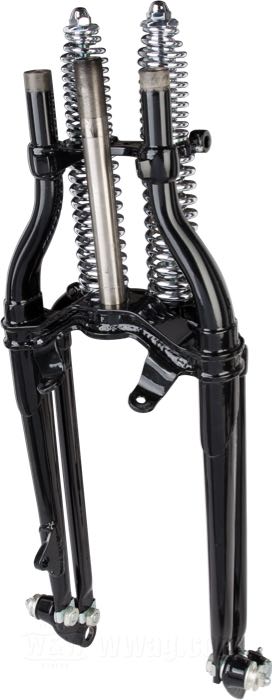 Forcella Springer »Classic Offset -3°« di Samwel Supplies; atto per Big Twin tardi 1946-1949; acciaio, nero, rivestito a polvere, filettatura interna di testa sterzo: 3/4”-14 UNS, filettatura esterna di testa sterzo: 1”-24 UNS, molle cromate; lunghezza: 48.5 cm; rake G: -3 °; sovra-/sottomisura: originale; rimpiazza OEM HD 45515-46; Europa; peso lordo: 20.27 kg