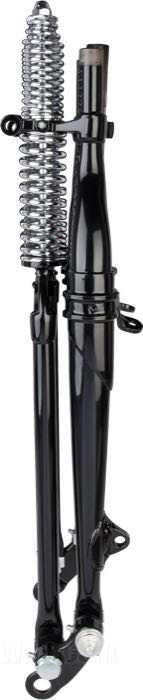 Forcella Springer »Classic Offset -3°« di Samwel Supplies; atto per Big Twin tardi 1946-1949; acciaio, nero, rivestito a polvere, filettatura interna di testa sterzo: 3/4”-14 UNS, filettatura esterna di testa sterzo: 1”-24 UNS, molle cromate; lunghezza: 48.5 cm; rake G: -3 °; sovra-/sottomisura: originale; rimpiazza OEM HD 45515-46; Europa; peso lordo: 20.27 kg