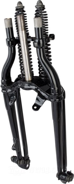Forcella Springer »Classic Offset -3°« di Samwel Supplies; atto per Big Twin tardi 1946-1949; acciaio, nero, rivestito a polvere, filettatura interna di testa sterzo: 3/4”-14 UNS, filettatura esterna di testa sterzo: 1”-24 UNS, molle nere; lunghezza: 48.5 cm; rake G: -3 °; sovra-/sottomisura: originale; rimpiazza OEM HD 45515-46; Europa; peso lordo: 15 kg