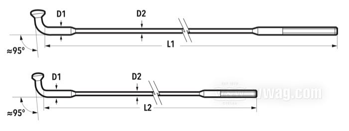 Jeu de rayons de Antiquebike; adaptable à modèles IOE 1928-1929; acier inox; longueur L1: 235 mm; longueur L2: 205 mm; diamètre D1: 4 mm; diamètre D2: 3 mm; angle α: 95 °; filetage: 9G-40; position: avant; pour jantes à tringle 20”; 80 pièces; avec nipples Ø 6.3mm; remplace OEM HD 3945-28; Suède; poids brut: 837 g