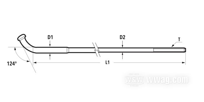 Jeu de rayons; pour Mini tambour avant Kustom Tech; acier inox, poli; longueur L1: 220 mm; diamètre D1: 5 mm; diamètre D2: 4 mm; angle α: 124 °; filetage: 8G-32; pour jantes à base profonde 21